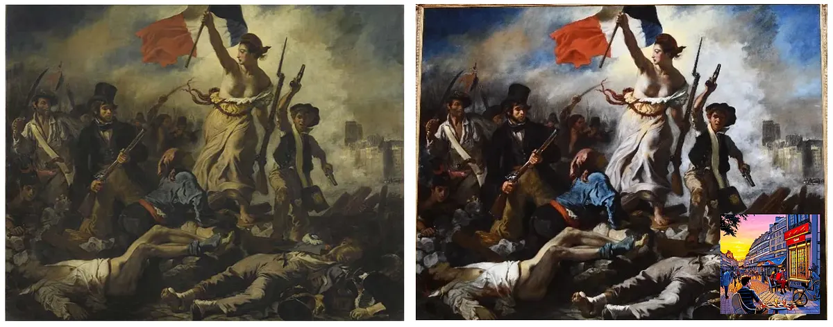 Liberty Leading the People before and after the restoration, side by side